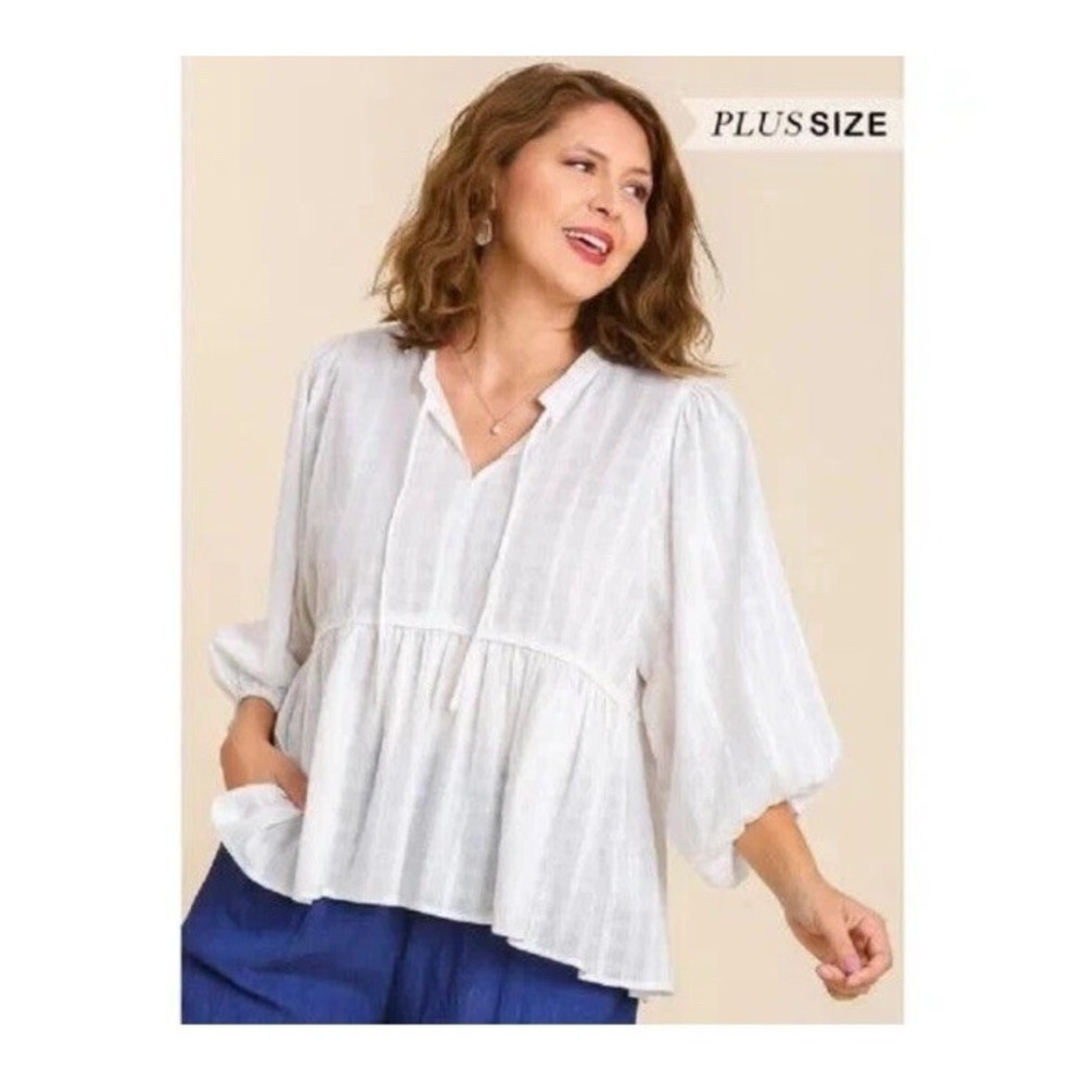 Umgee White Babydoll Peasant Blouse Top Sz 2XL Pull Sleeve Boho Preppy Oversized